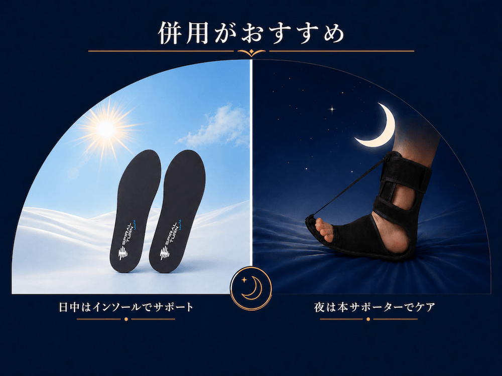 日中はインソール、夜は就寝時フットサポーターの併用がおすすめの写真イメージ